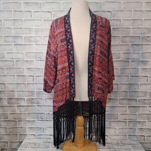 Flying Tomato Fringed Kimono Pink Blue Aztec Size Medium